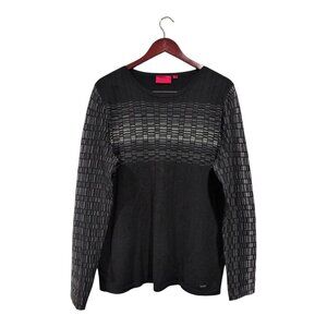 Hugo Boss Crew Neck Grid Design Cotton Cashmere Silk Sweater Men Sz L Black Gray